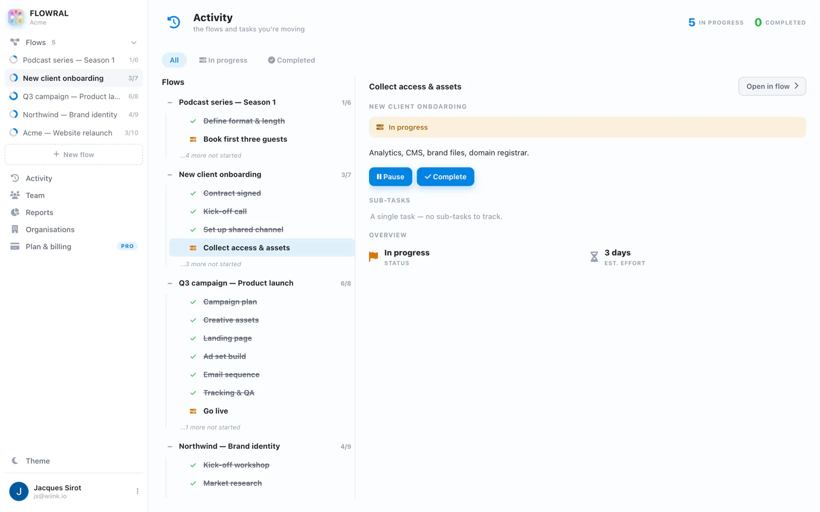 Flowral's activity feed, grouped by flow, with a task's detail open beside it.